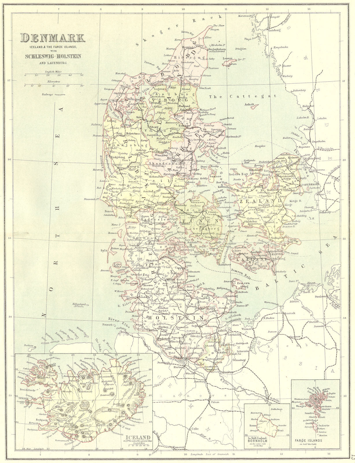 DENMARK. Iceland Faroes Schleswig Lauenburg 1888 old antique map plan chart